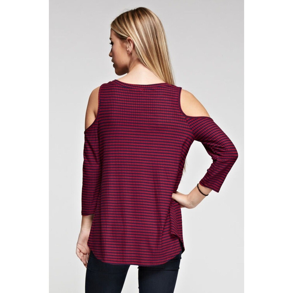 Women’s Magenta Navy Striped Cold Shoulder Top Long Sleeve Size M - Picture 4 of 12